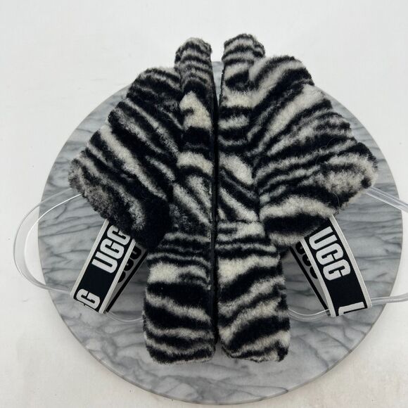 UGG Fluff Yeah Slide Zebra Sandal Womens 8 Elastic Sling Back Fluffy Sheepskin - Picture 7 of 11